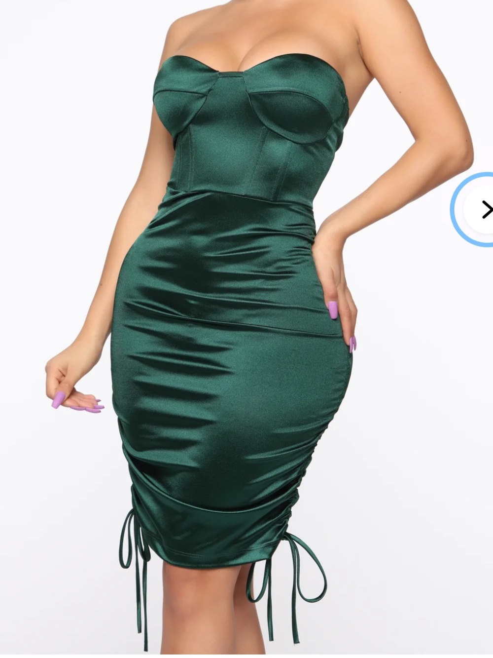 New with tag! Fashion Nova Strapless Satin Ruched Bodycon Dress - Emerald Green